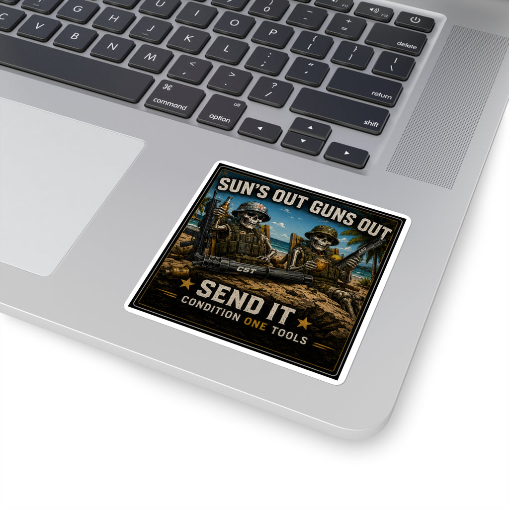 Square Sticker – "Sun's Out Guns Out" Military Skull Beach Design