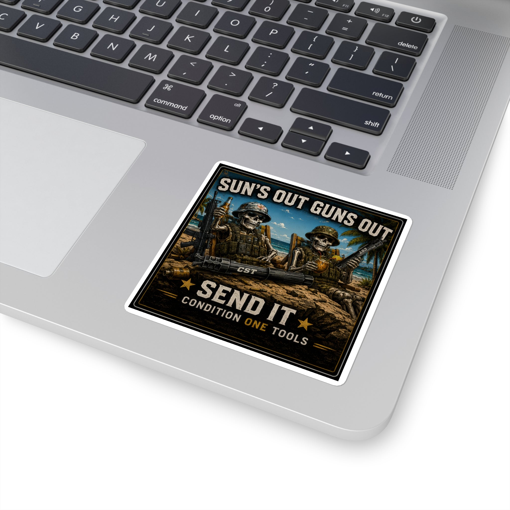 Square Sticker – "Sun's Out Guns Out" Military Skull Beach Design