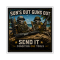Square Sticker – "Sun's Out Guns Out" Military Skull Beach Design