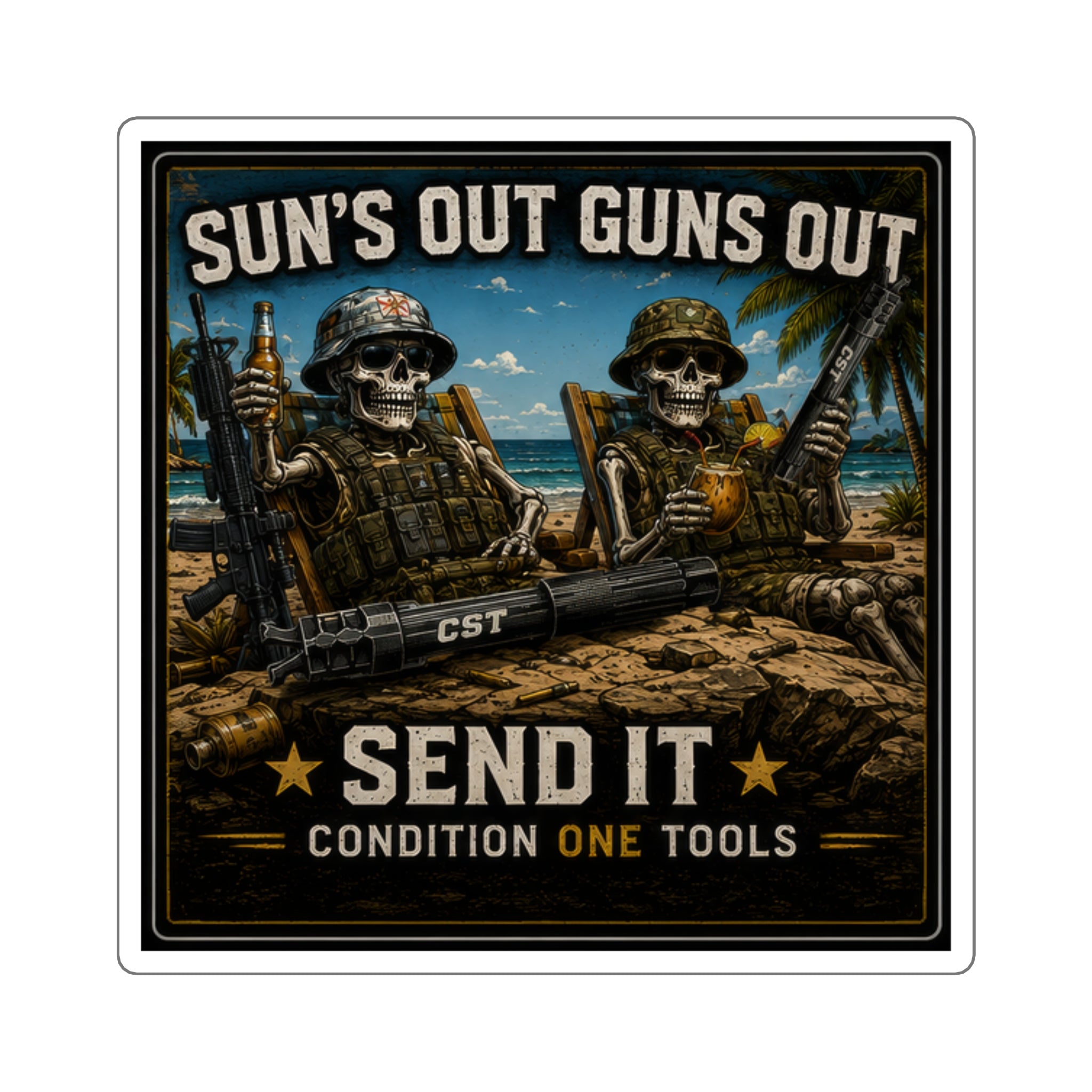 Square Sticker – "Sun's Out Guns Out" Military Skull Beach Design