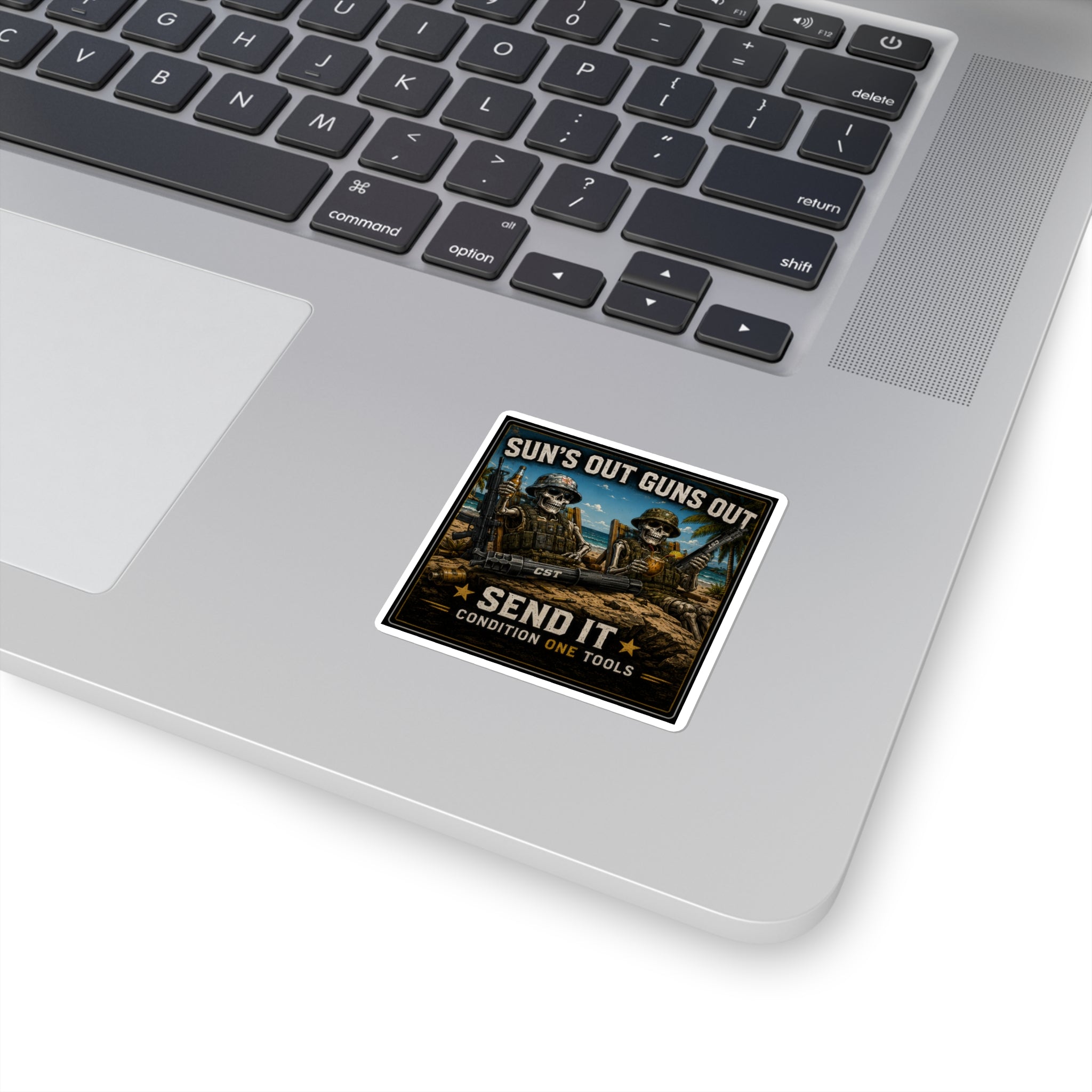 Square Sticker – "Sun's Out Guns Out" Military Skull Beach Design